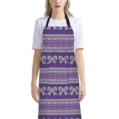 Purple Ribbon Knitted Pattern Print Bib Apron With Pocket