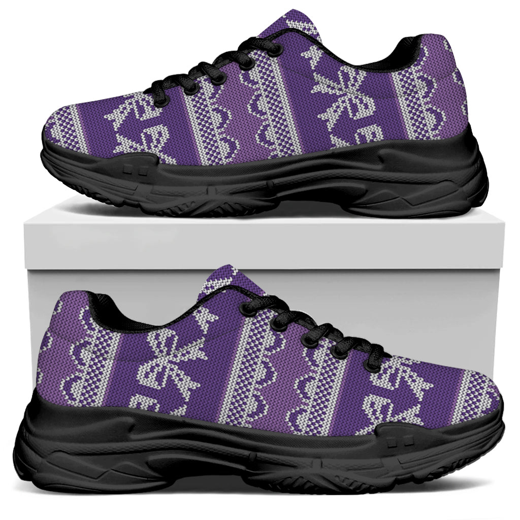 Purple Ribbon Knitted Pattern Print Black Chunky Shoes