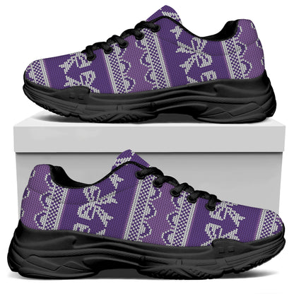 Purple Ribbon Knitted Pattern Print Black Chunky Shoes