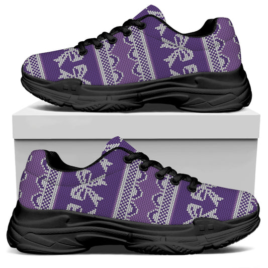 Purple Ribbon Knitted Pattern Print Black Chunky Shoes