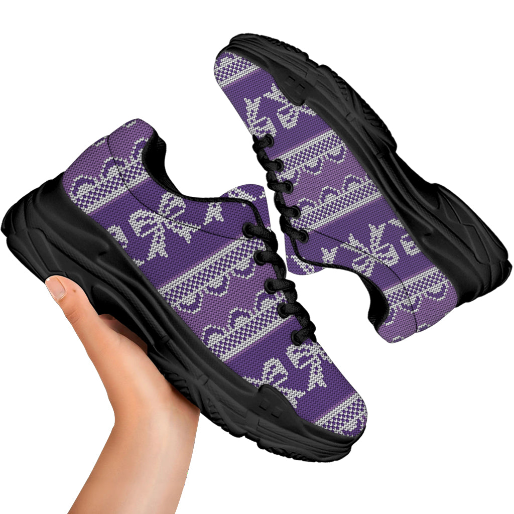 Purple Ribbon Knitted Pattern Print Black Chunky Shoes