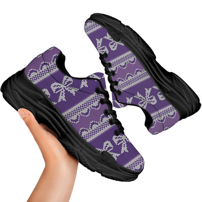 Purple Ribbon Knitted Pattern Print Black Chunky Shoes