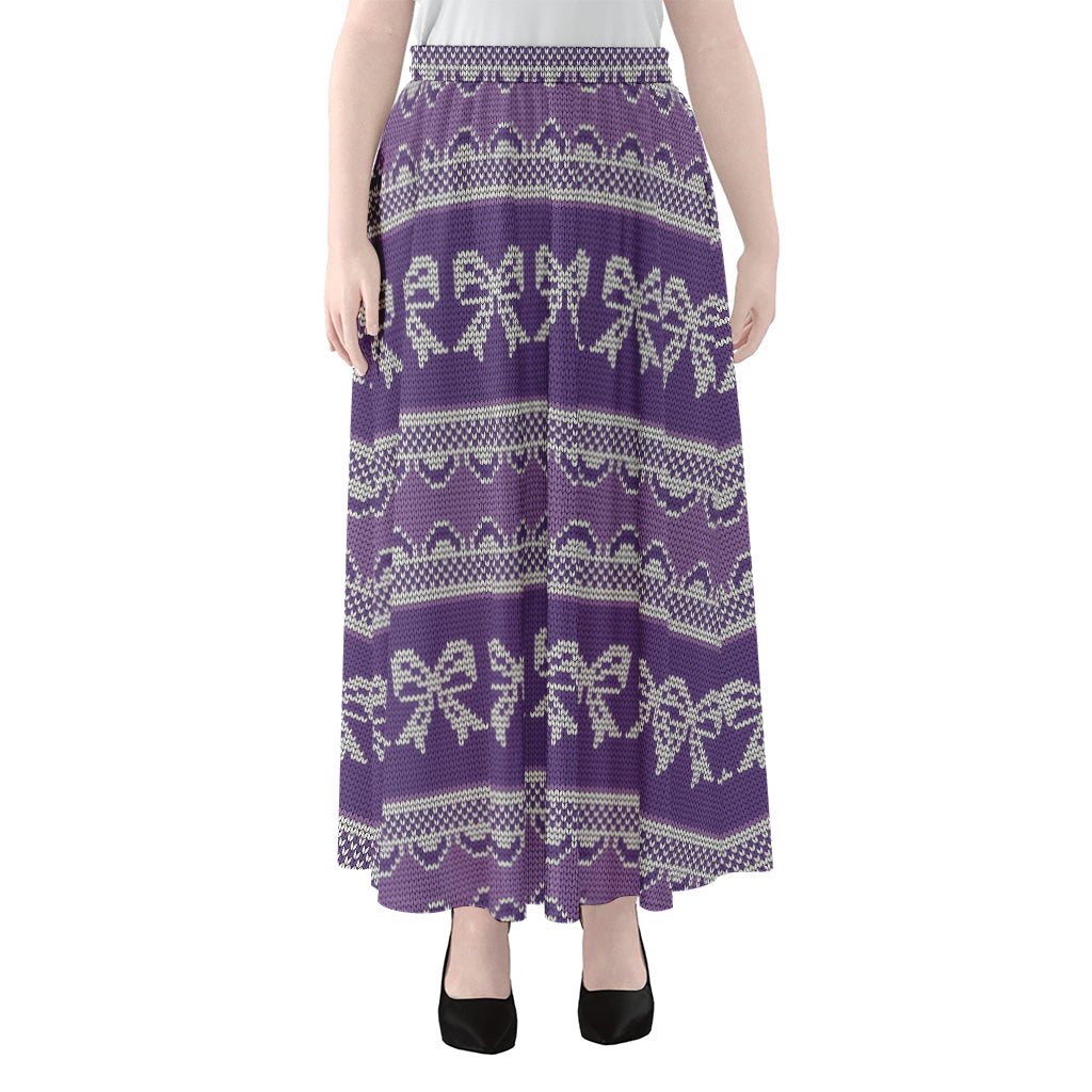 Purple Ribbon Knitted Pattern Print Chiffon Maxi Skirt