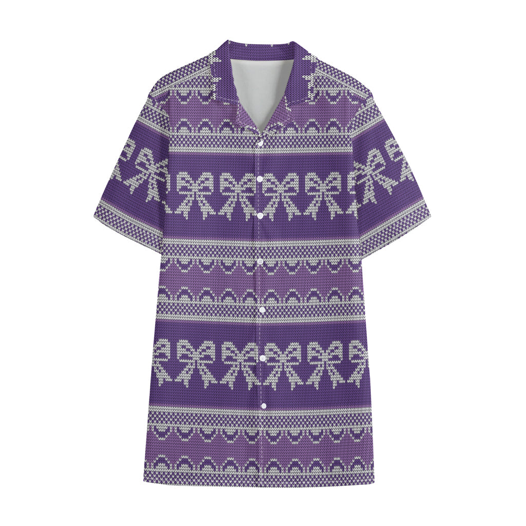 Purple Ribbon Knitted Pattern Print Cotton Hawaiian Shirt