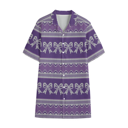 Purple Ribbon Knitted Pattern Print Cotton Hawaiian Shirt