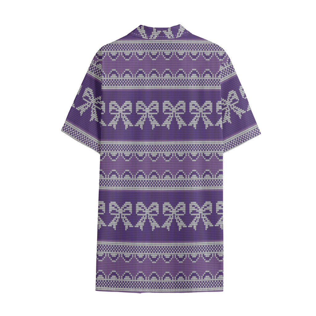 Purple Ribbon Knitted Pattern Print Cotton Hawaiian Shirt