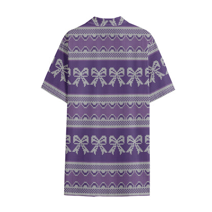 Purple Ribbon Knitted Pattern Print Cotton Hawaiian Shirt
