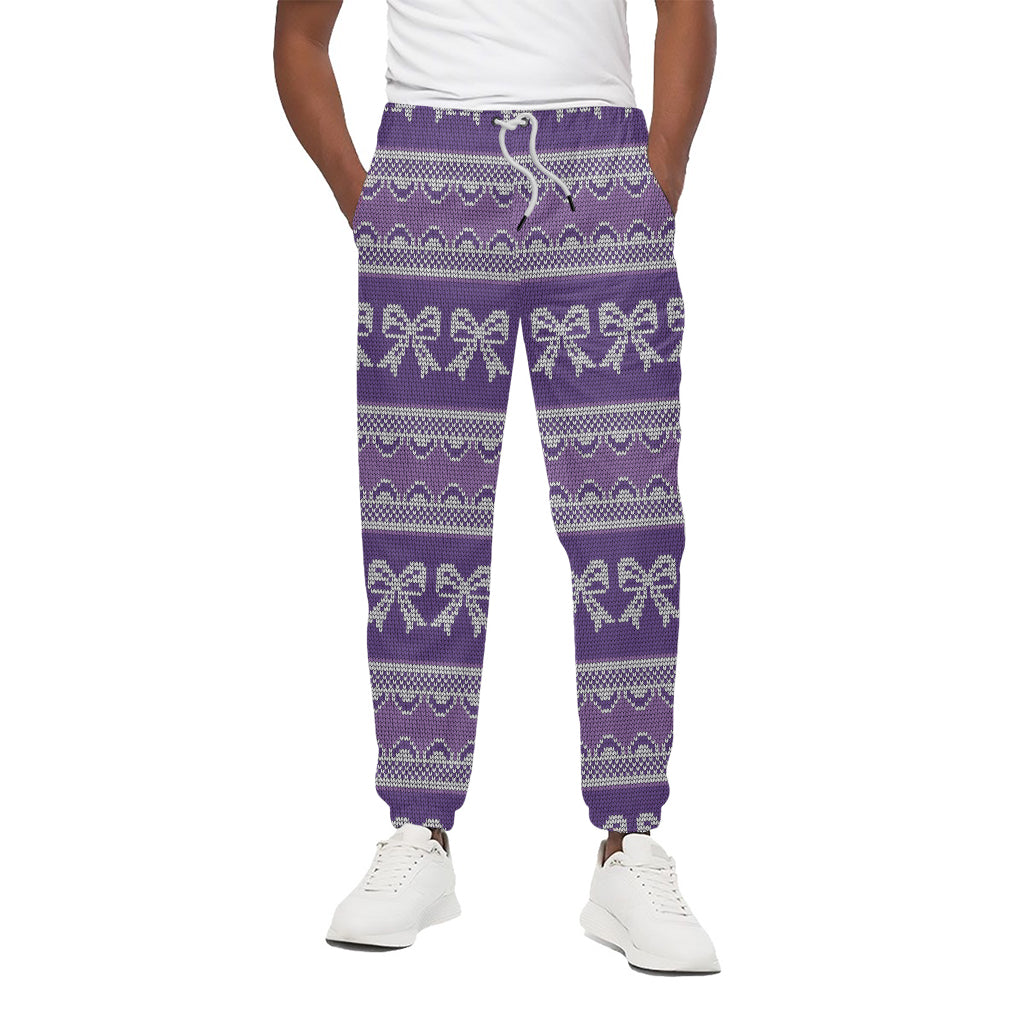 Purple Ribbon Knitted Pattern Print Cotton Pants