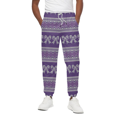 Purple Ribbon Knitted Pattern Print Cotton Pants