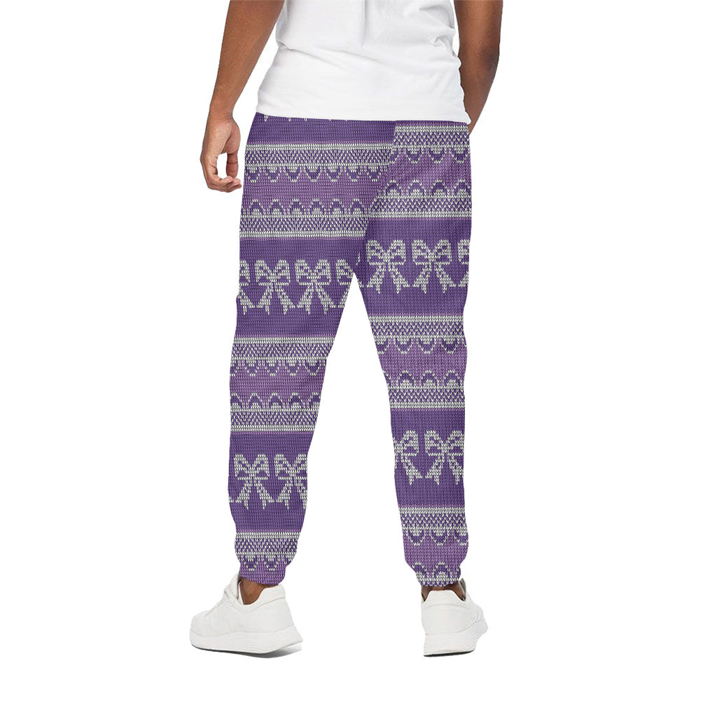 Purple Ribbon Knitted Pattern Print Cotton Pants