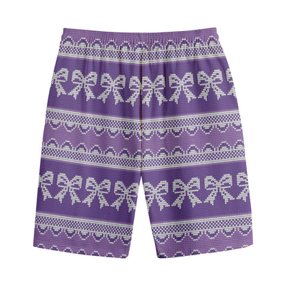 Purple Ribbon Knitted Pattern Print Cotton Shorts