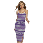 Purple Ribbon Knitted Pattern Print Cross Back Cami Dress