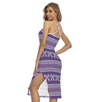 Purple Ribbon Knitted Pattern Print Cross Back Cami Dress