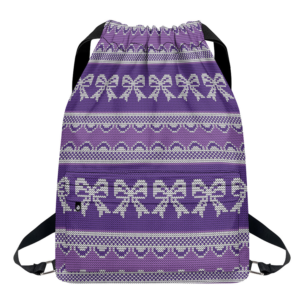 Purple Ribbon Knitted Pattern Print Drawstring Backpack
