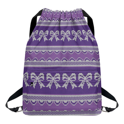 Purple Ribbon Knitted Pattern Print Drawstring Backpack