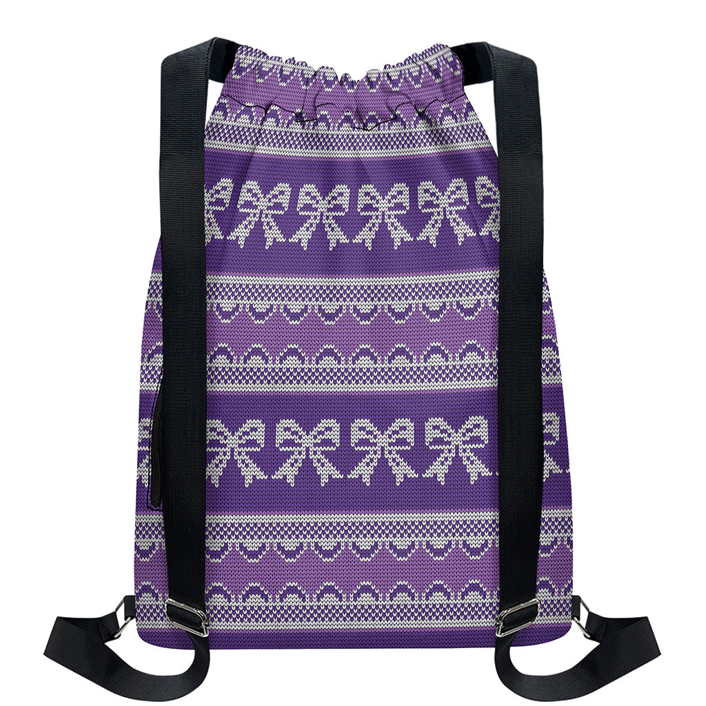 Purple Ribbon Knitted Pattern Print Drawstring Backpack