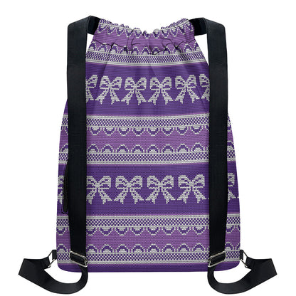 Purple Ribbon Knitted Pattern Print Drawstring Backpack