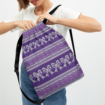 Purple Ribbon Knitted Pattern Print Drawstring Backpack
