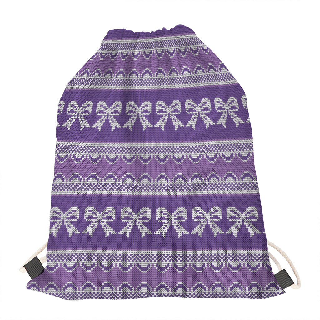 Purple Ribbon Knitted Pattern Print Drawstring Bag
