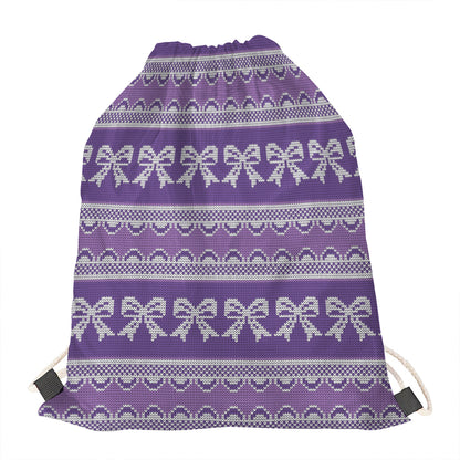 Purple Ribbon Knitted Pattern Print Drawstring Bag