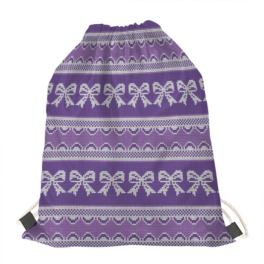 Purple Ribbon Knitted Pattern Print Drawstring Bag