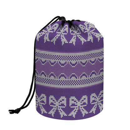 Purple Ribbon Knitted Pattern Print Drawstring Makeup Bag
