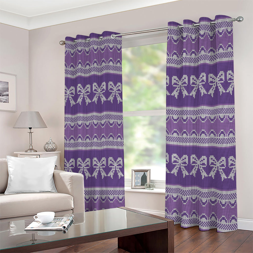 Purple Ribbon Knitted Pattern Print Extra Wide Grommet Curtains