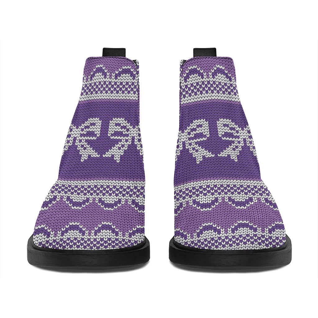Purple Ribbon Knitted Pattern Print Flat Ankle Boots