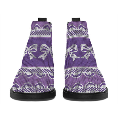 Purple Ribbon Knitted Pattern Print Flat Ankle Boots
