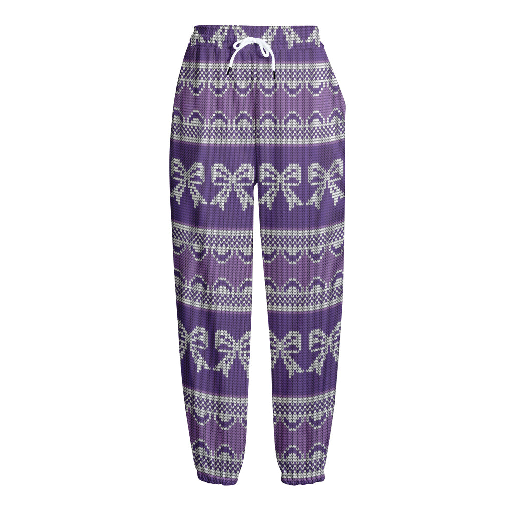 Purple Ribbon Knitted Pattern Print Fleece Lined Knit Pants