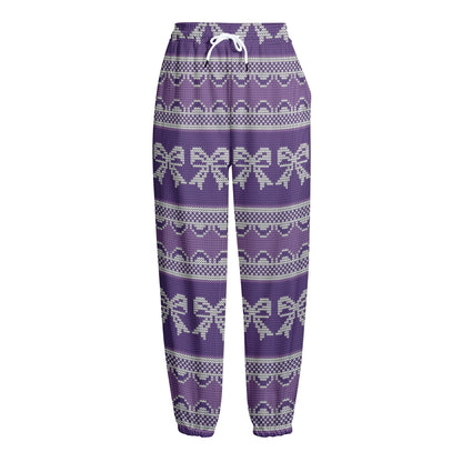 Purple Ribbon Knitted Pattern Print Fleece Lined Knit Pants