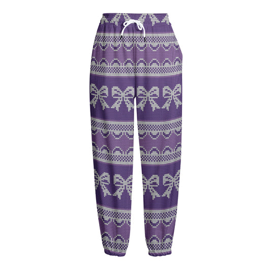 Purple Ribbon Knitted Pattern Print Fleece Lined Knit Pants