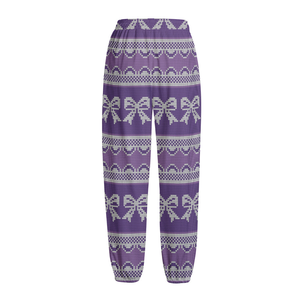 Purple Ribbon Knitted Pattern Print Fleece Lined Knit Pants
