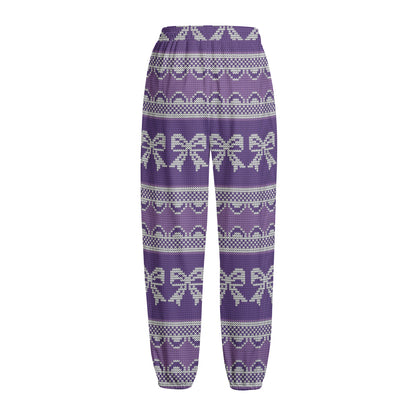 Purple Ribbon Knitted Pattern Print Fleece Lined Knit Pants