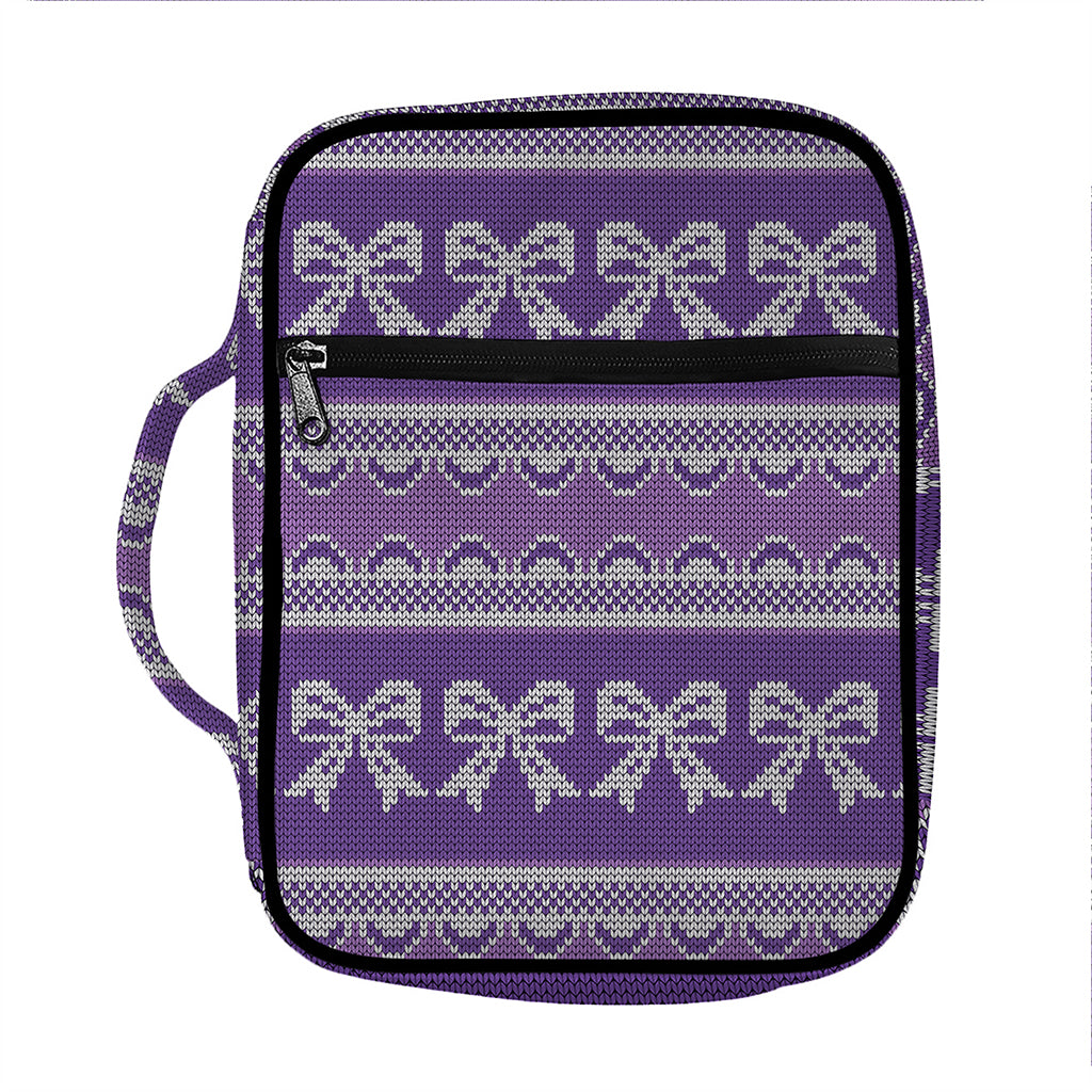 Purple Ribbon Knitted Pattern Print Front Pocket Bible Bag