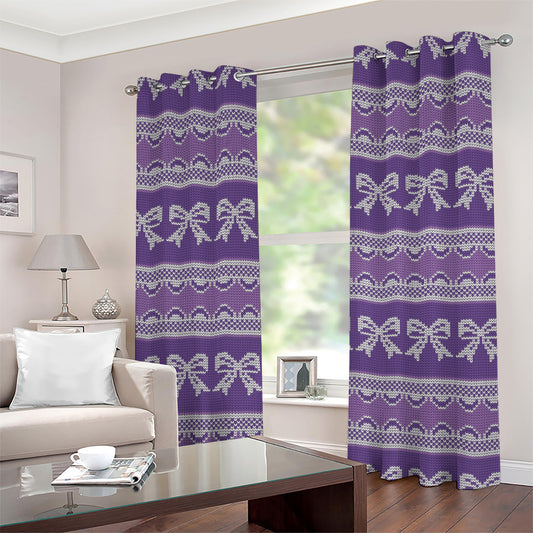Purple Ribbon Knitted Pattern Print Grommet Curtains