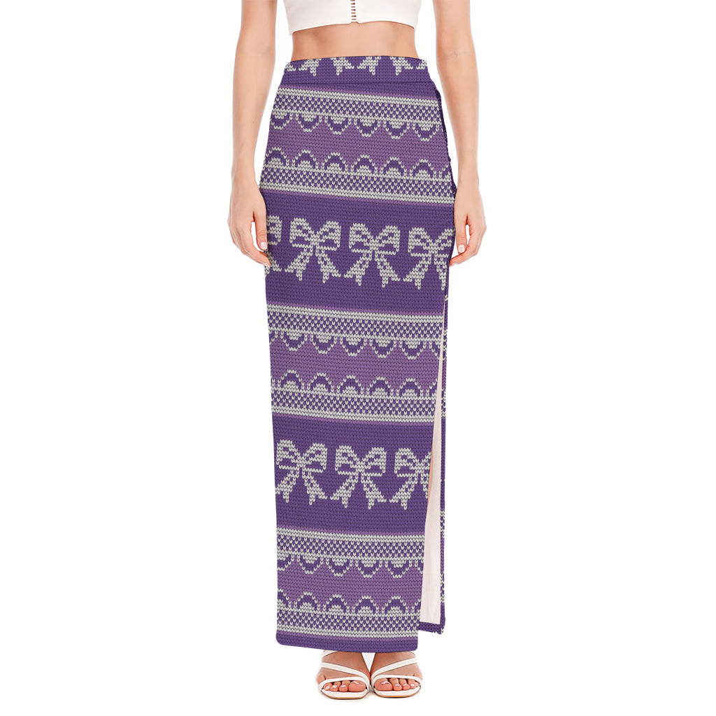 Purple Ribbon Knitted Pattern Print High Slit Maxi Skirt