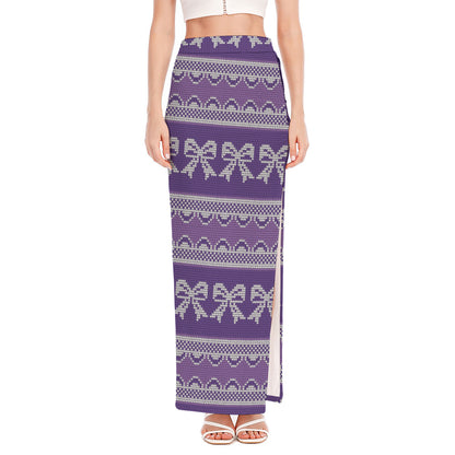 Purple Ribbon Knitted Pattern Print High Slit Maxi Skirt