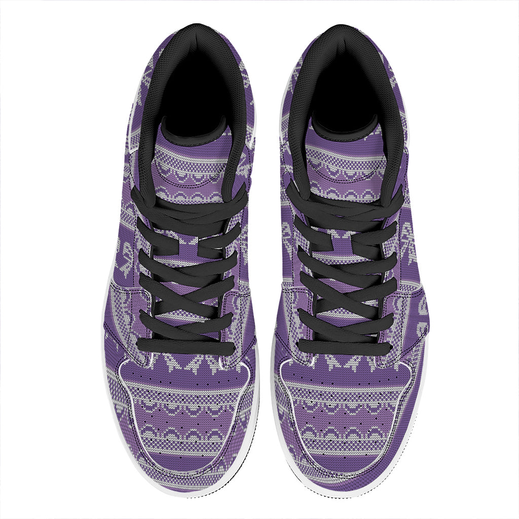 Purple Ribbon Knitted Pattern Print High Top Leather Sneakers