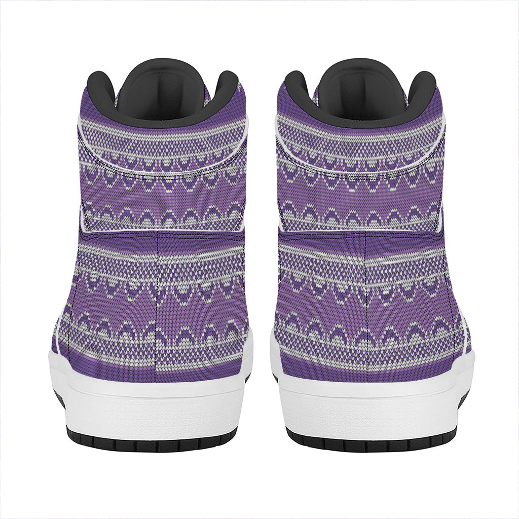 Purple Ribbon Knitted Pattern Print High Top Leather Sneakers