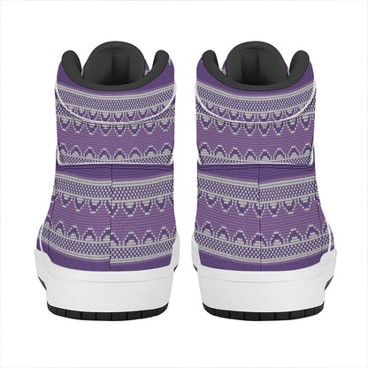 Purple Ribbon Knitted Pattern Print High Top Leather Sneakers