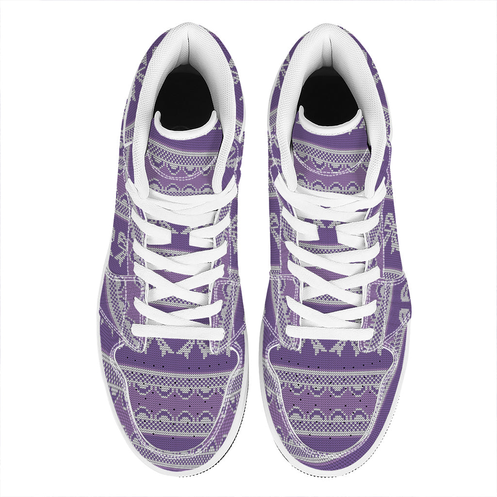 Purple Ribbon Knitted Pattern Print High Top Leather Sneakers