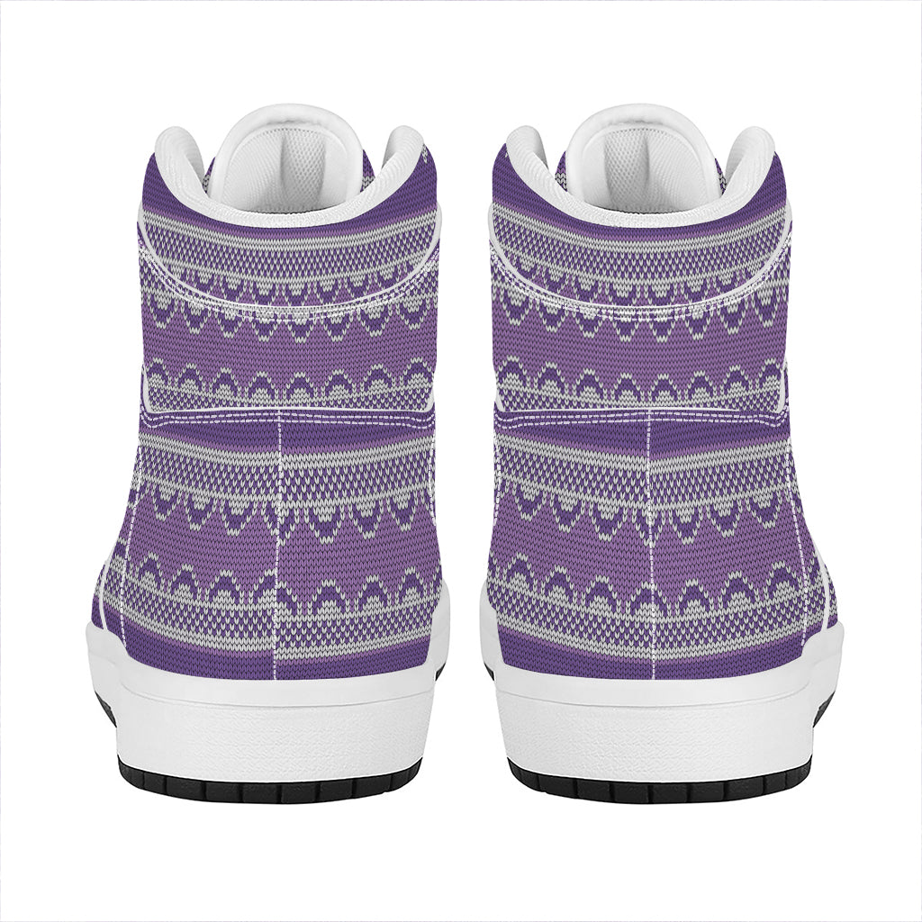 Purple Ribbon Knitted Pattern Print High Top Leather Sneakers