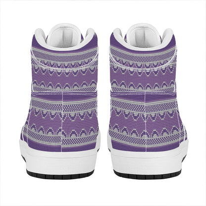 Purple Ribbon Knitted Pattern Print High Top Leather Sneakers