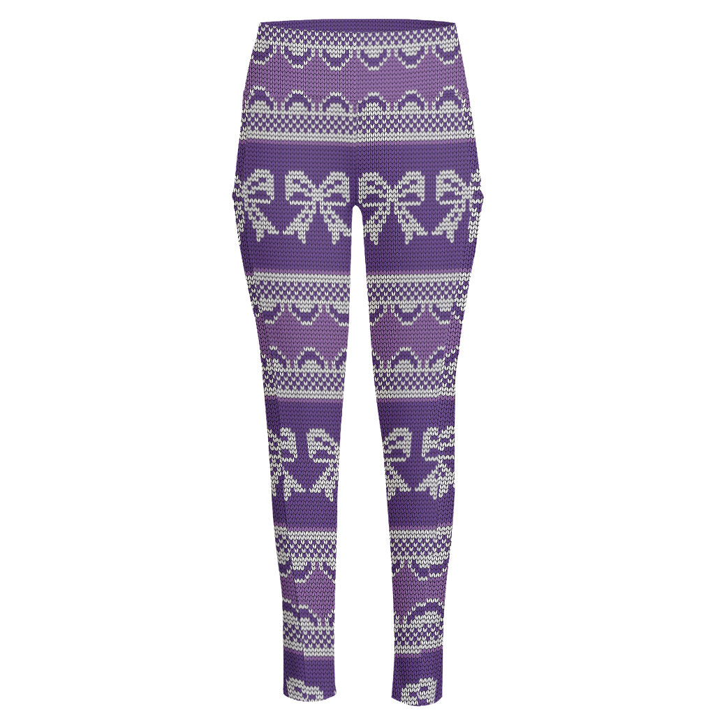 Purple Ribbon Knitted Pattern Print High-Waisted Pocket Leggings