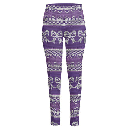 Purple Ribbon Knitted Pattern Print High-Waisted Pocket Leggings