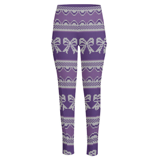 Purple Ribbon Knitted Pattern Print High-Waisted Pocket Leggings