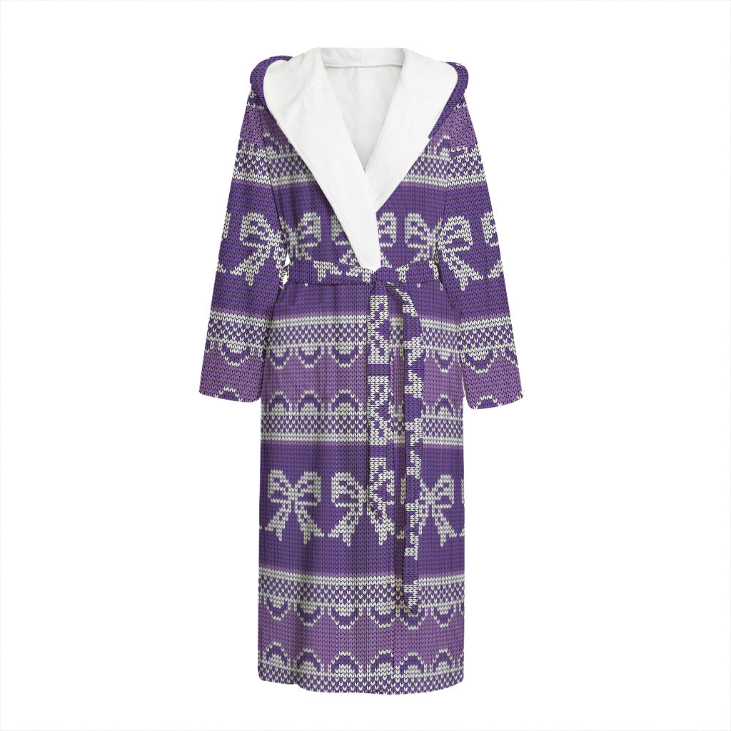 Purple Ribbon Knitted Pattern Print Hooded Bathrobe