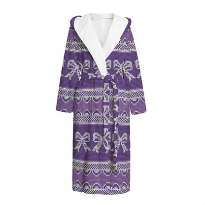Purple Ribbon Knitted Pattern Print Hooded Bathrobe