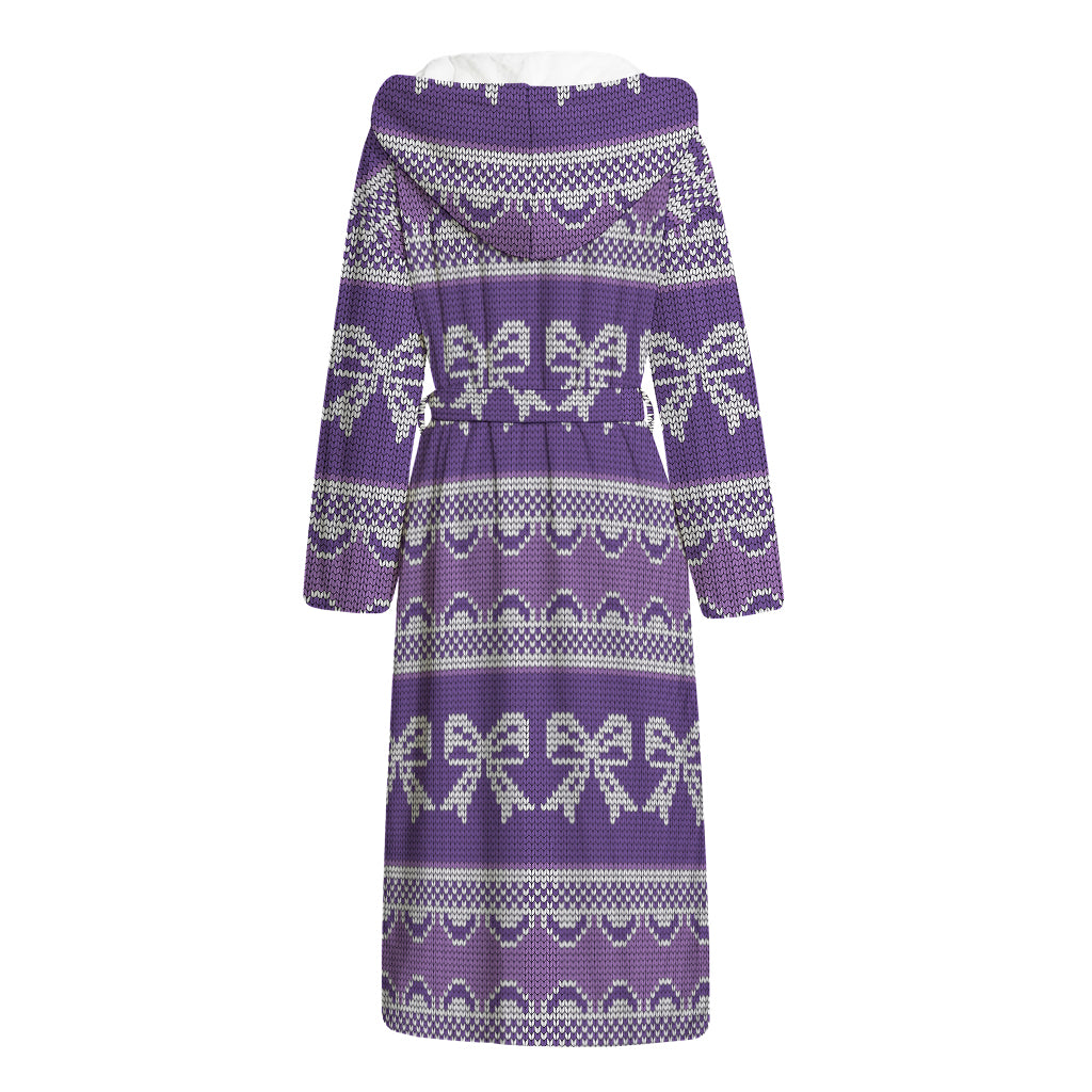 Purple Ribbon Knitted Pattern Print Hooded Bathrobe